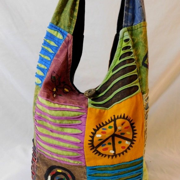 The Collection Royal Printed Patch and Razor Cut Cotton Hobo Bag Peace bag - Picture 1 of 9